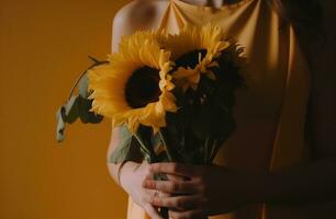 ai généré une bouquet de tournesols sont dans une femme mains photo