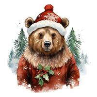 ai généré génératif ai, mignonne sauvage ours animal, Noël chapeau et laid chandails, aquarelle style. photo