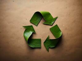 ai généré vert feuilles et un La Flèche symbole sur recyclé papier carton. recycler haute résolution. ai génératif photo