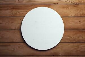 ai généré maquette de une rond blanc autocollant sur une en bois Contexte photo