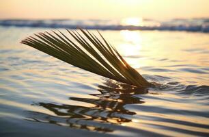 ai généré une paume feuille plus de le océan à le coucher du soleil paume feuille. photo