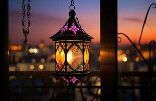 ai généré une allumé lanterne se profile plus de une fenêtre dans une paysage urbain photo