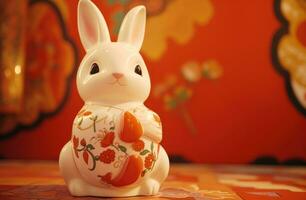 ai généré une grand statue de une lapin détient une rouge vase photo