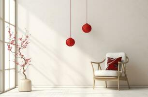ai généré une rouge chaise et rouge lanternes pendaison sur mur photo
