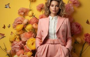 ai généré Jeune femme et printemps et été brillant couleurs photo