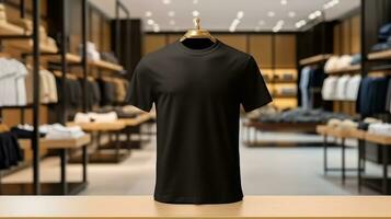 ai généré T-shirt avec Vide devant, réaliste sur une maquette modèle dans une luxe magasin, photo