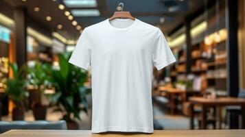 ai généré T-shirt avec Vide devant, réaliste sur une maquette modèle dans une luxe magasin, photo