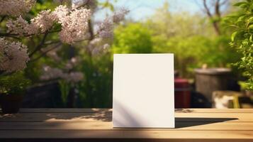 ai généré bloc-notes avec Vide devant, réaliste sur une maquette modèle dans une en bois table dans une printemps jardin photo