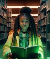 ai généré peu fille séance sur livre en train de lire dans le bibliothèque en train de lire photo