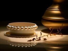 ai généré lumière est réfléchi dans une Collier avec une blanc perle, photo