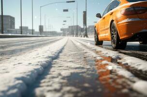 ai généré image de voiture conduite une neigeux rue, photo