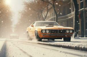 ai généré image de voiture conduite une neigeux rue, photo