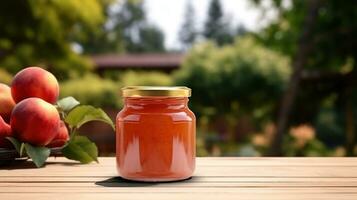 ai généré pot de pomme confiture avec Vide de face réaliste sur une maquette modèle dans une en bois table dans une été jardin photo