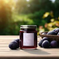 ai généré pot de prune confiture avec Vide de face réaliste sur une maquette modèle dans une en bois table dans une été jardin avec prune des arbres, photo