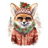 ai généré génératif ai, mignonne sauvage Renard animal, Noël chapeau et laid chandails, aquarelle style. photo