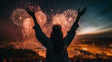 ai généré sa mains en haut et prêt à Regardez en dehors à le feux d'artifice, photo