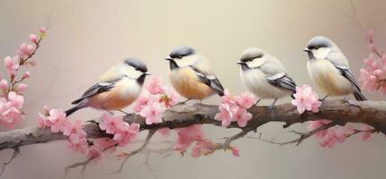 ai généré quatre coloré des oiseaux séance sur une branche avec rose fleurs photo