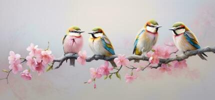 ai généré quatre coloré des oiseaux séance sur une branche avec rose fleurs photo