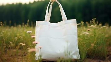 ai généré coton blanc plaine fourre-tout sac avec Vide devant, réaliste sur une maquette modèle dans une vert Prairie photo