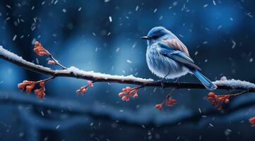 ai généré bleu oiseau séance sur petit branche dans neigeux nuit, photo