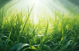 ai généré magnifique Frais herbe a le Soleil dans ses place, photo