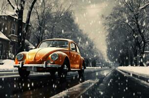 ai généré un Orange voiture sur une neige couvert rue, photo