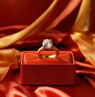 ai généré un Orange et rouge engagement bague avec rouge diamants est séance dans une rouge boîte, photo