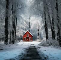 ai généré une petit rouge maison est séance dans une neige couvert forêt, foncé gris photo