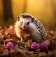 ai généré une mignonne hérisson posant contre une Jaune feuille, photo