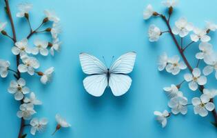 ai généré une bleu toile de fond avec épanouissement fleurs, papillons et fleurs, photo