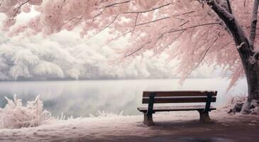 ai généré une banc dans hiver par une Lac avec neige, photo