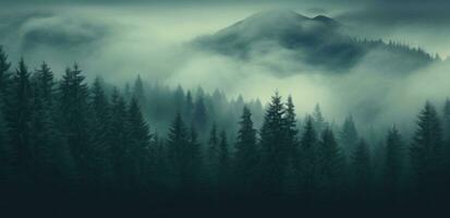 ai généré une gros Montagne forêt couvert avec brouillard et des arbres, photo