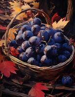 ai généré une panier rempli avec prunes dans une jardin, photo