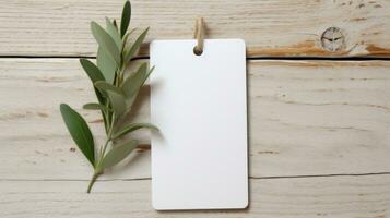 ai généré blanc Vide étiquette avec Vide de face réaliste sur une maquette modèle dans une blanc en bois table avec olive feuille branche photo