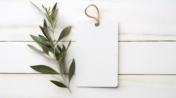 ai généré blanc Vide étiquette avec Vide de face réaliste sur une maquette modèle dans une blanc en bois table avec olive feuille branche photo