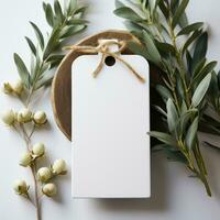 ai généré blanc Vide étiquette avec Vide de face réaliste sur une maquette modèle dans une blanc en bois table avec olive feuille branche photo