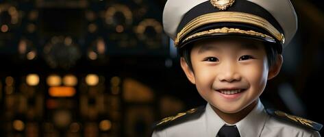 ai généré portrait de Jeune asiatique garçon portant pilote uniforme photo