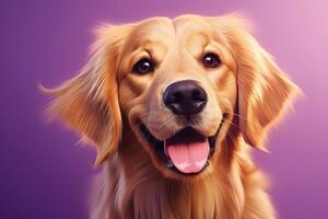 ai généré une fermer portrait de une d'or retriever chiot sur une violet Contexte photo