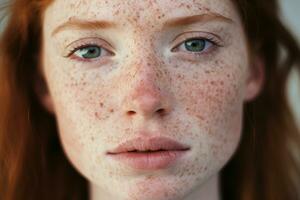 ai généré une proche en haut de une femme avec taches de rousseur, rosacée couperose rougeur peau photo