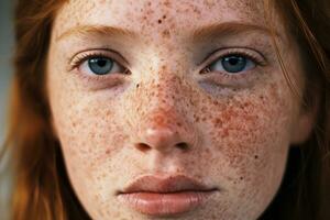 ai généré une proche en haut de une femme avec taches de rousseur, rosacée couperose rougeur peau photo