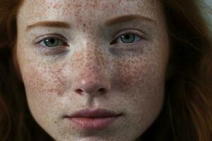 ai généré une proche en haut de une femme avec taches de rousseur, rosacée couperose rougeur peau photo