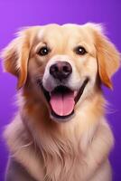 ai généré une fermer portrait de une d'or retriever chiot sur une violet Contexte photo