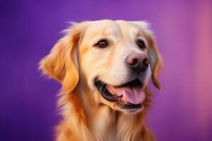 ai généré une fermer portrait de une d'or retriever chiot sur une violet Contexte photo