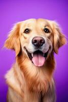 ai généré une fermer portrait de une d'or retriever chiot sur une violet Contexte photo