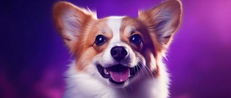 ai généré mignonne gallois corgi chien sur une violet Contexte photo