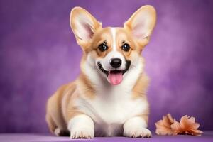 ai généré mignonne gallois corgi chien sur une violet Contexte photo