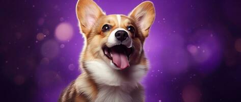 ai généré mignonne gallois corgi chien sur une violet Contexte photo