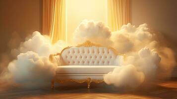 ai généré génératif ai, d'or et blanc fantastique 3d des nuages avec canapé dans le ciel. doux couleurs et avec brillant lumières. photo
