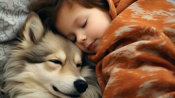 ai généré génératif ai, mignonne enfant et chien en train de dormir sur confortable chaud couverture dans le lit, relation amicale concept, hygge style, en sourdine esthétique couleurs photo