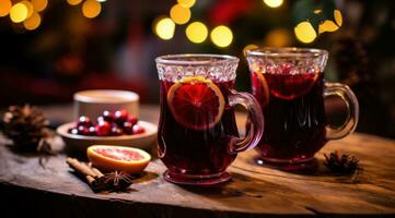 ai généré deux des lunettes de chaud Cidre sur une en bois tableau, photo